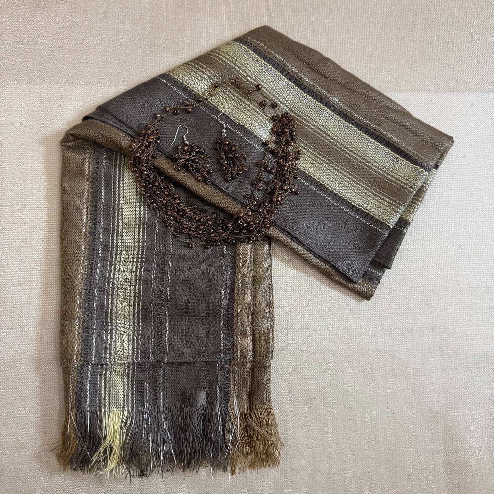 Gray Yellow And Brown Scarf And Brown Beaded Earrings And Necklace Accessory Set